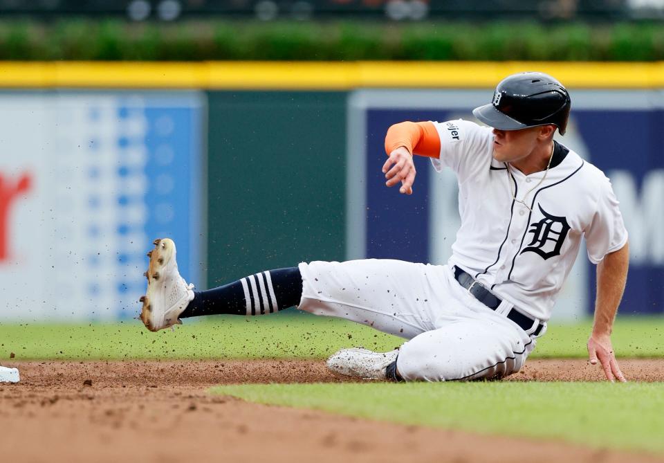 Tigers right fielder Kerry Carpenter steals second base during the first inning of the Tigers' 3-1 win over the White Sox on Saturday, Sept. 9, 2023, at Comerica Park.