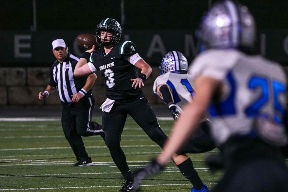 Cedar Park quarterback Ayden Arp had a big hand in the 28-21 victory over Georgetown, passing for 222 yards and three touchdowns. The Timberwolves finished the regular season with a 7-3 record and a spot in the playoffs against New Braunfels Canyon.