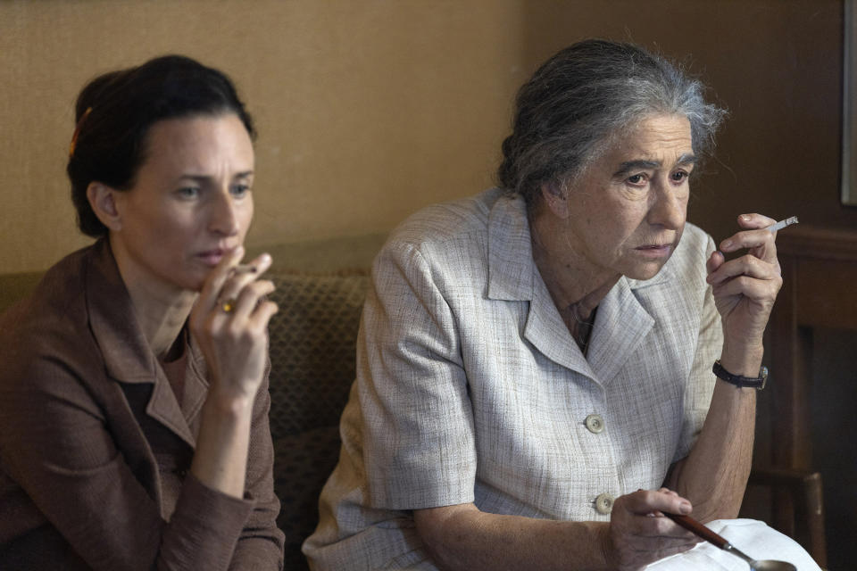 This image released by Bleecker Street shows Camille Cottin, left, and Helen Mirren as Golda Meir in a scene from. the film "Golda." (Bleecker Street via AP)