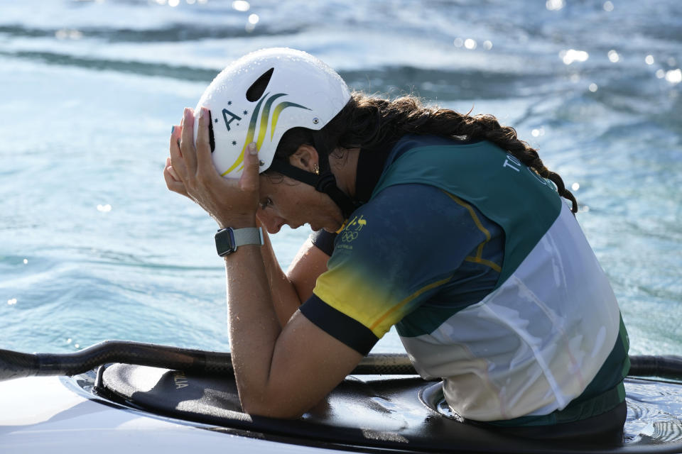 Jessica Fox of Australia reacts after crossing the finish line to win bronze in the Women's K1 of the Canoe Slalom at the 2020 Summer Olympics, Tuesday, July 27, 2021, in Tokyo, Japan. (AP Photo/Kirsty Wigglesworth)