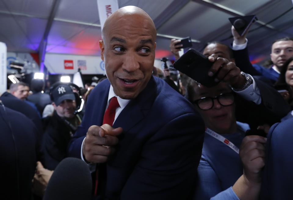 Sen. Cory Booker, D-N.J., answers questions after the second of two Democratic presidential primary debates hosted by CNN Wednesday, July 31, 2019, in the Fox Theatre in Detroit. (AP Photo/Carlos Osorio)