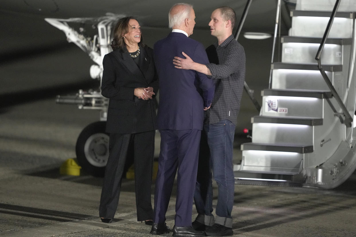 President Biden and Vice President Kamala Harris greet Gershkovich.