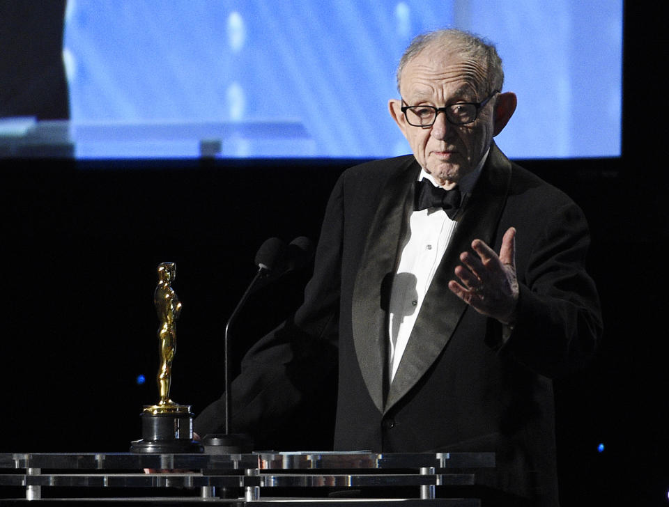 FILE - Honoree Frederick Wiseman addresses the audience at the 2016 Governors Awards in Los Angeles on Nov. 12, 2016. Wiseman has spent more than half a century documenting American institutions. His latest is a profile of American government. In “City Hall” Wiseman has turned his camera on the Boston city government. After drawing acclaim at the major fall film festivals, it opens in late October. (Photo by Chris Pizzello/Invision/AP, File)