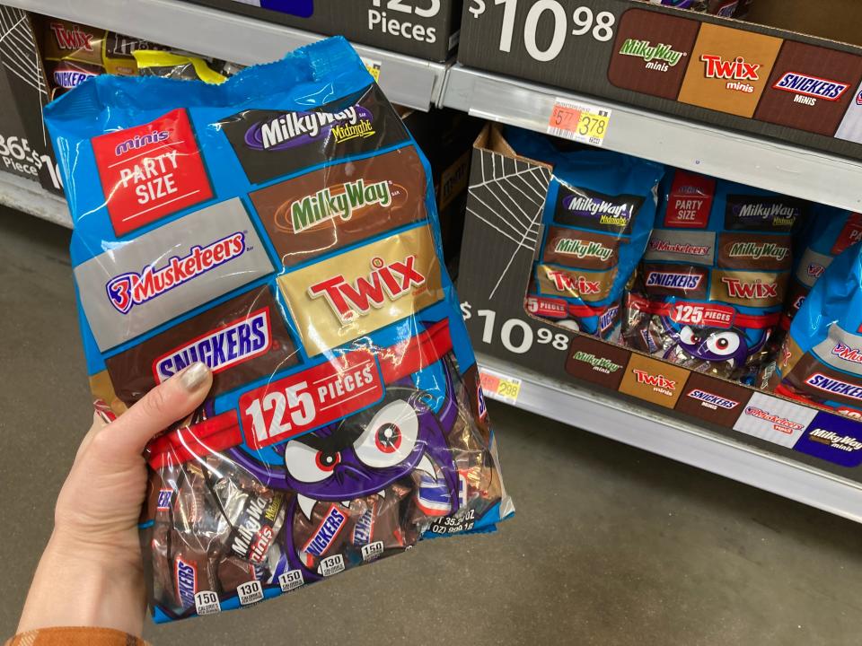 A bag of individual assorted candy bars at Walmart.