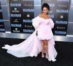 <p>Rihanna has transformed into the queen of frou-frou dressing, wearing a puffy pink Giambattista Valli gown and lace-up Manolo Blahnik sandals.<br><i>[Photo: Getty]</i> </p>
