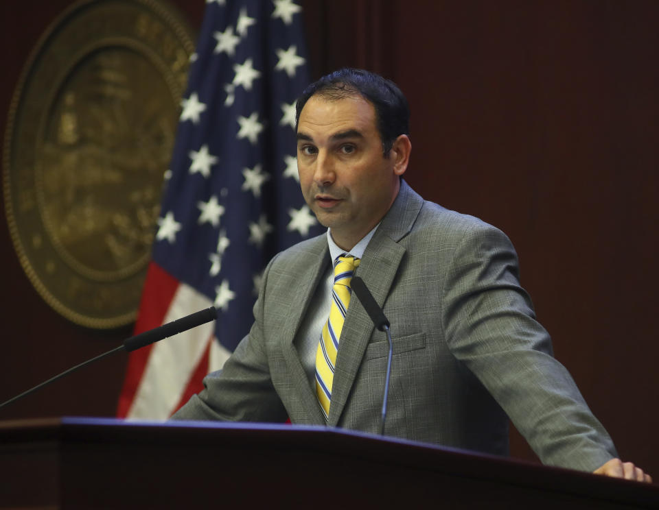 Rep. Mike La Rosa, R-St. Cloud, speaks during the debate over House Bill 527 - Federal Immigration Enforcement, which prohibits sanctuary policies, Tuesday April 23, 2019 in the Florida House of Representatives in Tallahassee, Fla. (AP Photo/Phil Sears)