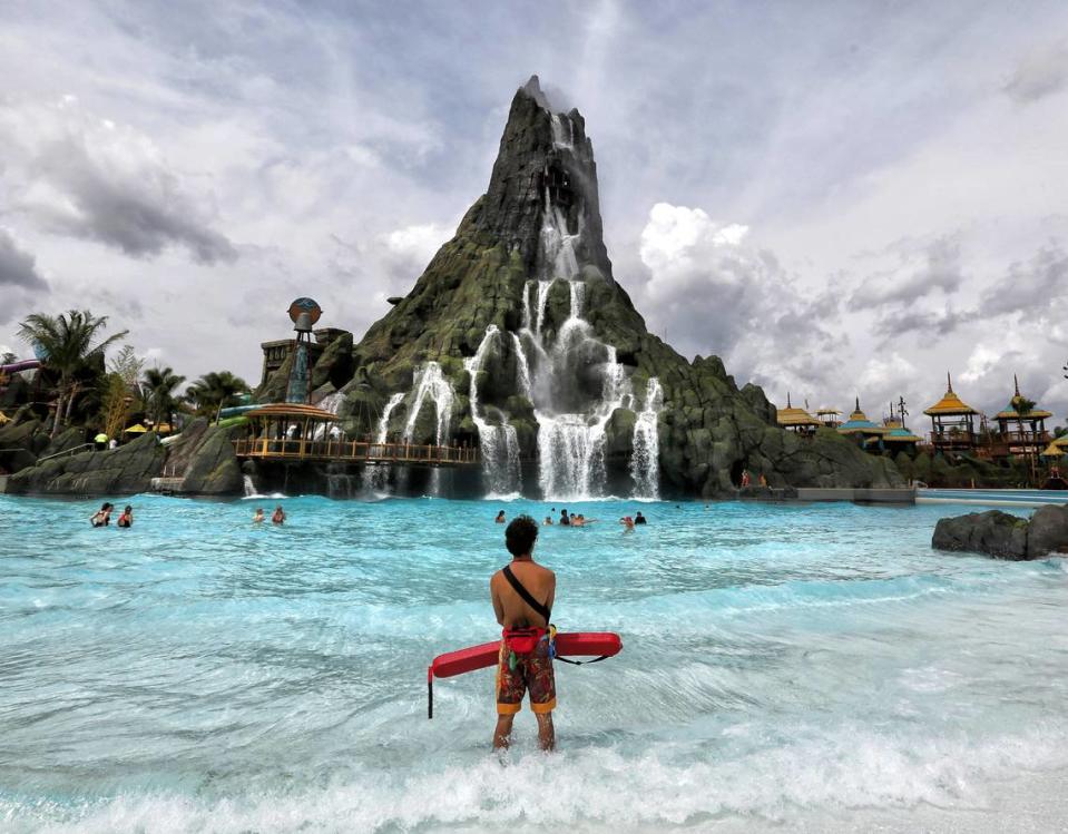 A view of the Krakatau volcano, the centerpiece water attraction at Universal Orlando’s Volcano Bay, during a media preview, Wednesday, May 24, 2017, in Orlando, Fla. Volcano Bay is Universal Orlando’s newest park and opens to the public on Thursday. (Joe Burbank/Orlando Sentinel/TNS)