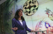 In this photo taken on Monday, Nov. 18, 2019, Google Vice President Jacqueline Fuller speaks during an interview with The Associated Press in Paris. Fuller says the company is having “a lot of conversations” internally amid consumer worries about data access and manipulated algorithms. (AP Photo/Michel Euler)