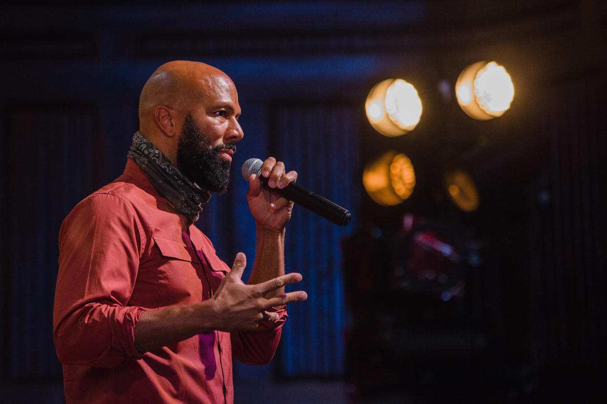 Rap musician Lonnie Rashid Lynn, known as Common, speaks during a campaign event for U.S. Senate Democratic candidate Jaime Harrison at Allen University in Columbia, South Carolina, U.S., on Monday, Oct. 26, 2020. (Photographer Micah Green/Bloomberg)