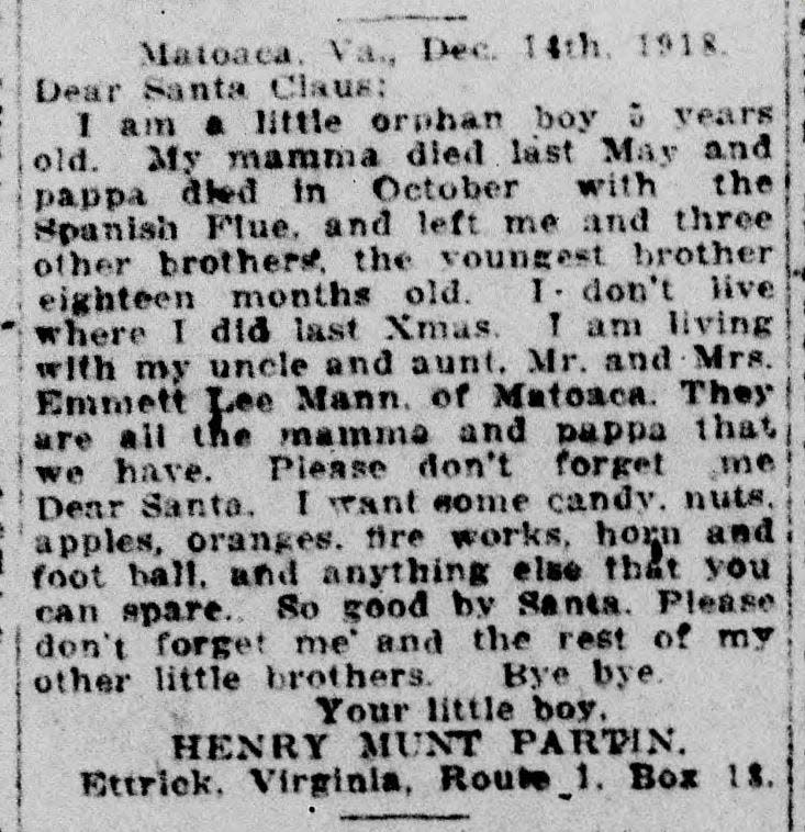A letter to Santa Claus written by five-year-old orphan Henry Munt Partin published in the defunct Richmond Virginian newspaper on December 17, 1918. Colonial Heights native Chris Barham discovered it while digging through old news clippings.