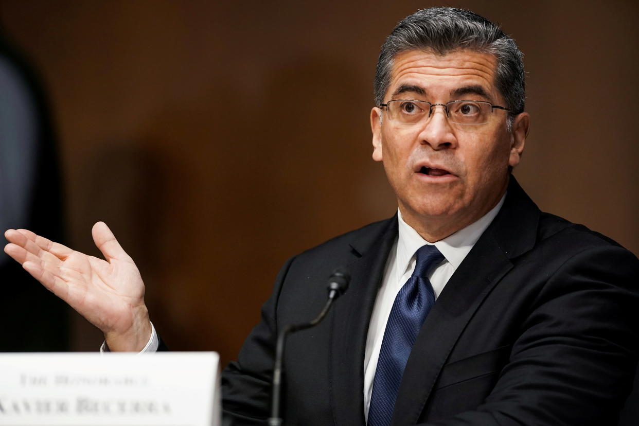 Xavier Becerra, Secretary of Health and Human Services, answers questions during his Senate Finance Committee nomination hearing on Capitol Hill in Washington, DC, U.S., February 24, 2021. (Greg Nash/Pool via Reuters) 