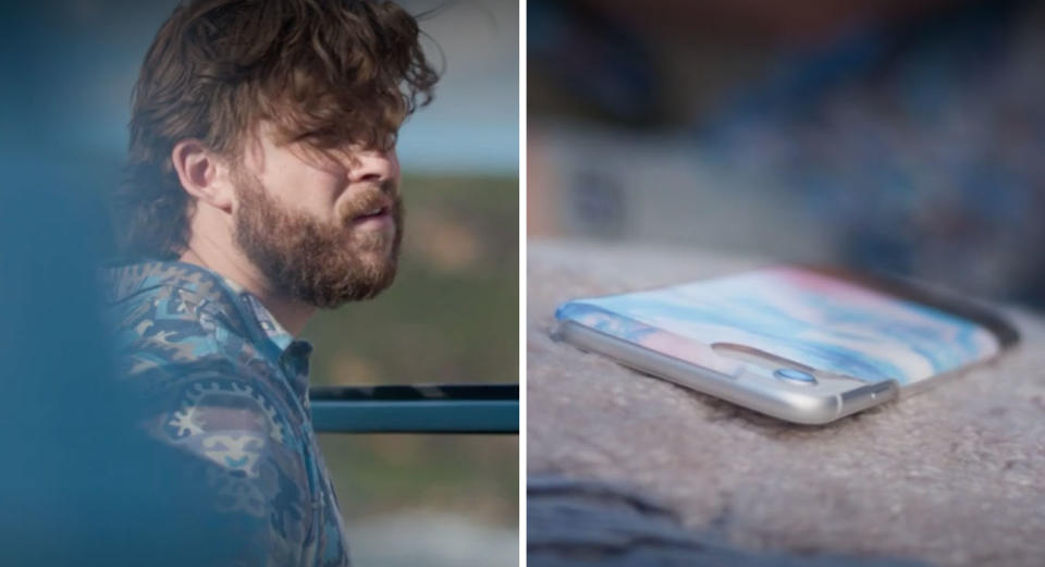 L: Stranger on Home and Away. R: Phone on a passenger seat on Home and Away