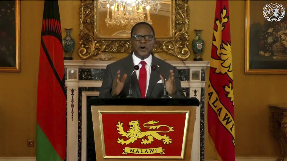 In this image made from UNTV video, Lazarus McCarthy Chakwera, President and Minister for Defense of Malawi, speaks in a pre-recorded message which was played during the 75th session of the United Nations General Assembly, Thursday Sept. 24, 2020, at U.N. headquarters in New York. (UNTV via AP)