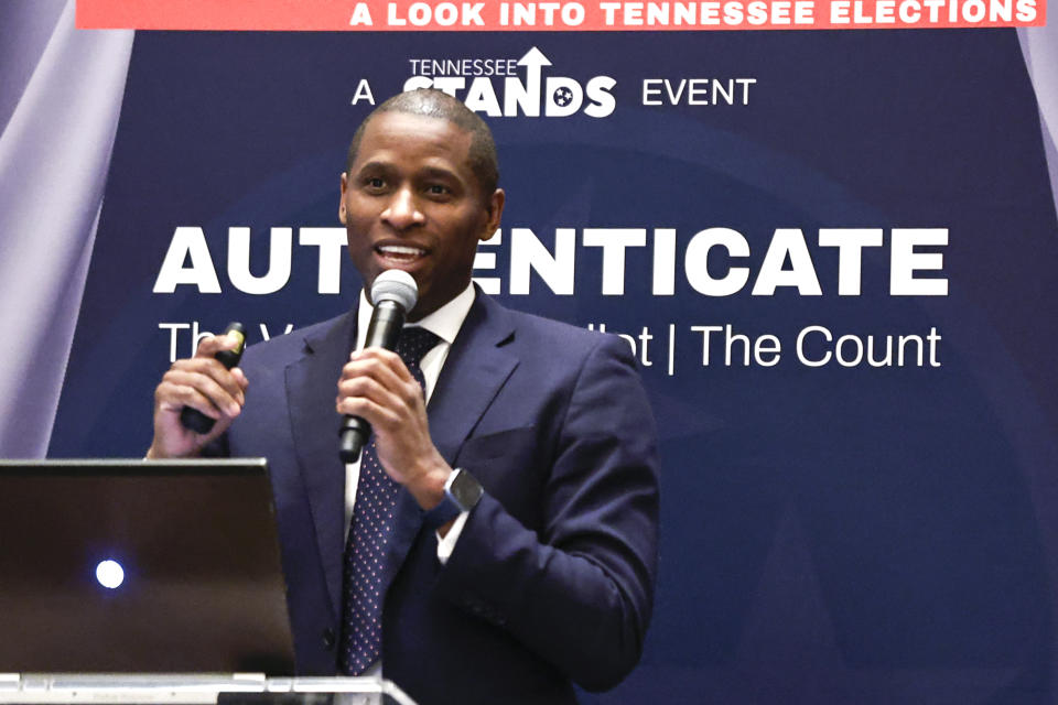 Bennie Smith, commissioner from Shelby County (TN) speaks during an Election Conspiracy Forum Saturday, March 11, 2023, in Franklin, Tenn. (AP Photo/Wade Payne)