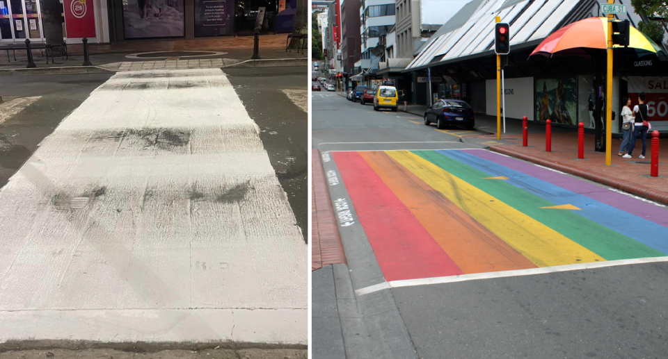 The rainbow crossing on Gladstone Road in Gisborne (right) was painted over using white paint on Monday afternoon (left). 