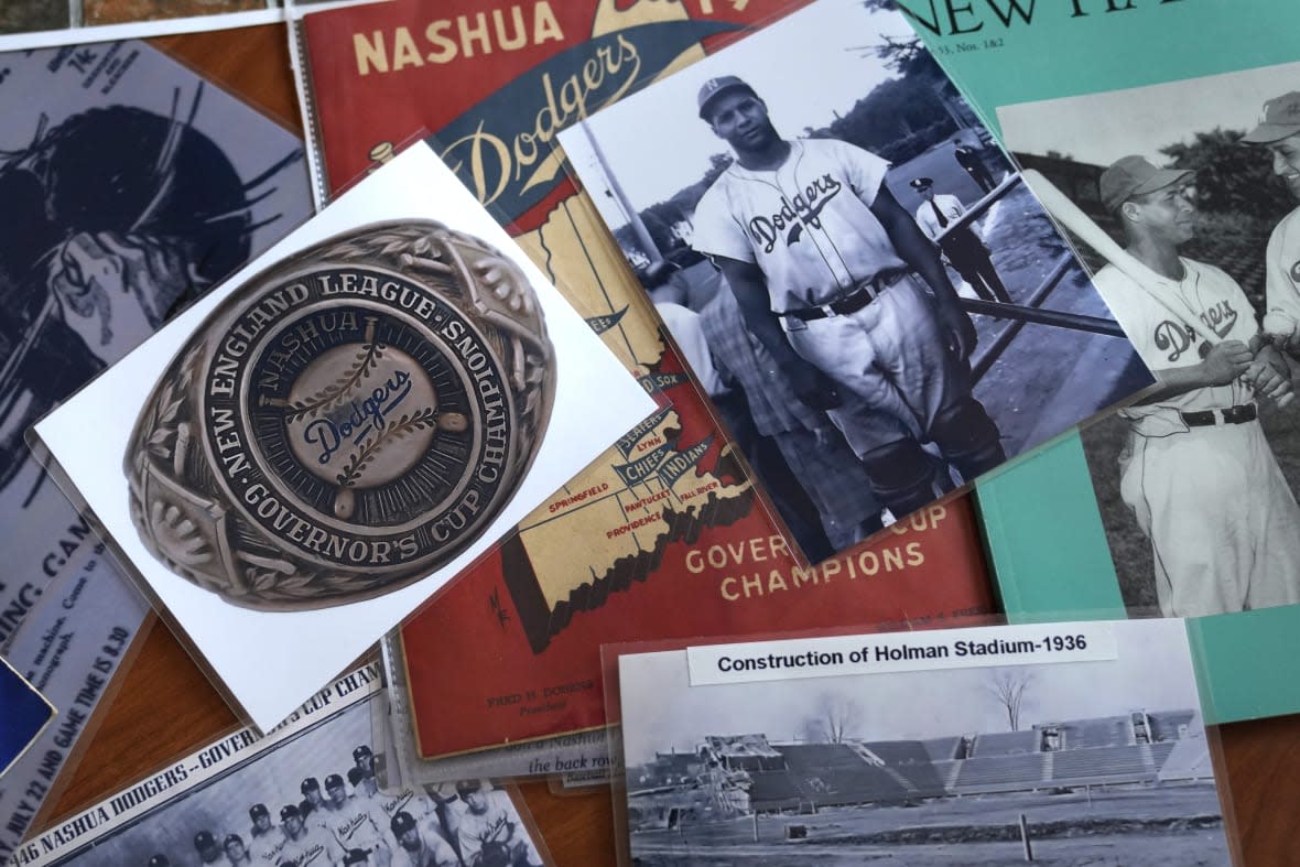 A selection of Nashua Dodgers memorabilia is displayed at City Hall, Tuesday, May 23, 2023, in Nashua, N.H. (AP Photo/Charles Krupa)