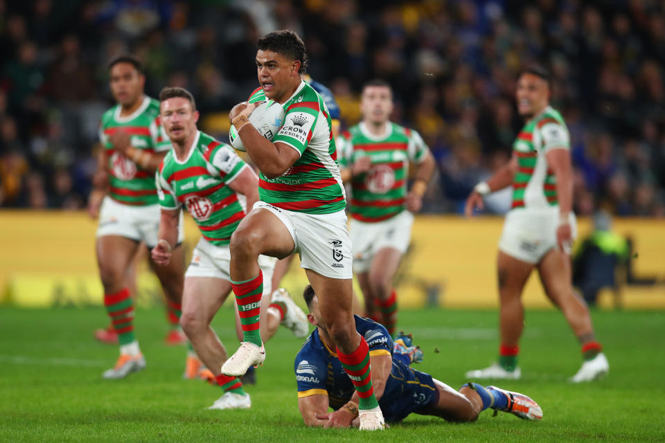 Seen here, Latrell Mitchell making a break for the Rabbitohs in the round 22 match against Parramatta. 