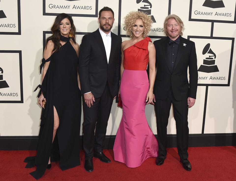 FILE - This Feb. 15, 2016 file photo shows Karen Fairchild, from left, Jimi Westbrook, Kimberly Schlapman, and Philip Sweet of Little Big Town at the 58th annual Grammy Awards in Los Angeles. The Recording Academy announced Thursday, Feb. 2, 2017, that Grammy winners Little Big Town and Gary Clark Jr. will perform on the live telecast on Feb. 12, 2017. (Photo by Jordan Strauss/Invision/AP, File)