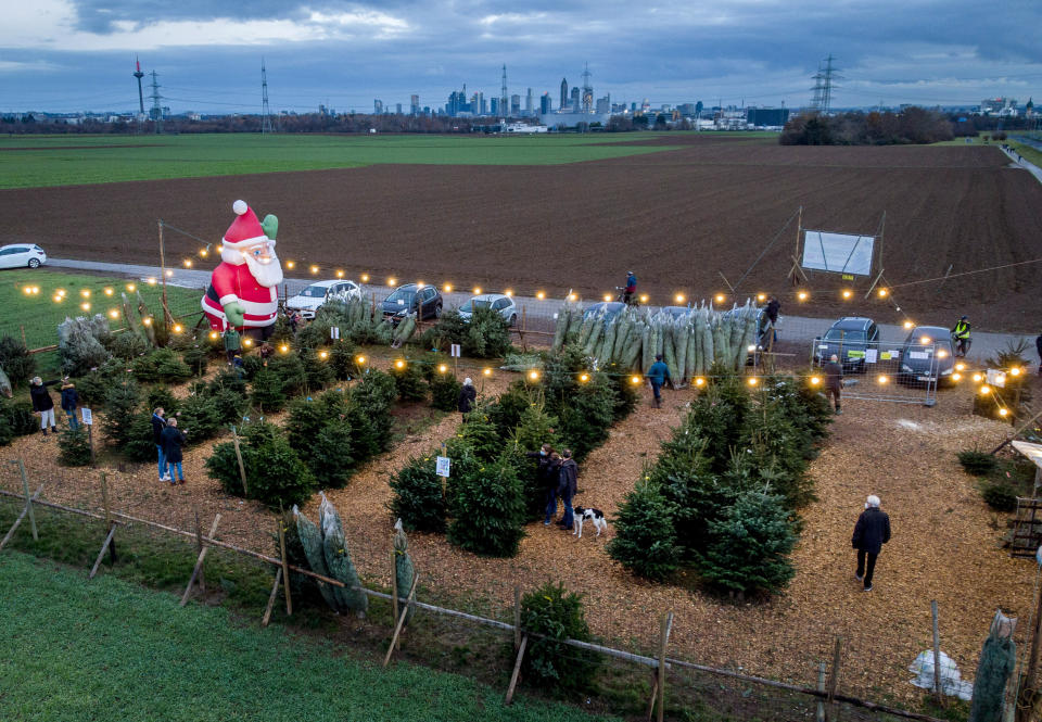 Christmas trees for sale on the outskirts of Frankfurt, Germany, Sunday, Dec. 13, 2020. Chancellor Angela Merkel said she and the governors of Germany’s 16 states agreed Sunday to step up the country’s lockdown measures from Dec. 16 to Jan. 10 to stop the exponential rise of COVID-19 cases. (AP Photo/Michael Probst)