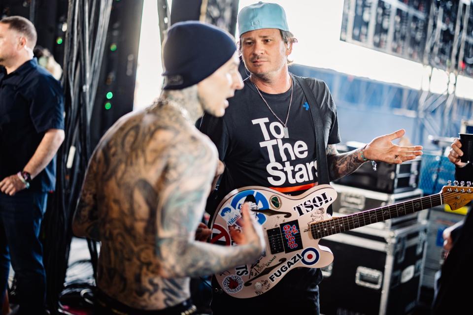 INDIO, CALIFORNIA - APRIL 14:  Travis Barker and Tom DeLonge of Blink-182 performs at the Sahara Tent during the 2023 Coachella Valley Music and Arts Festival  on April 14, 2023 in Indio, California. (Photo by Matt Winkelmeyer/Getty Images for Coachella) ORG XMIT: 775947927 ORIG FILE ID: 1482433841