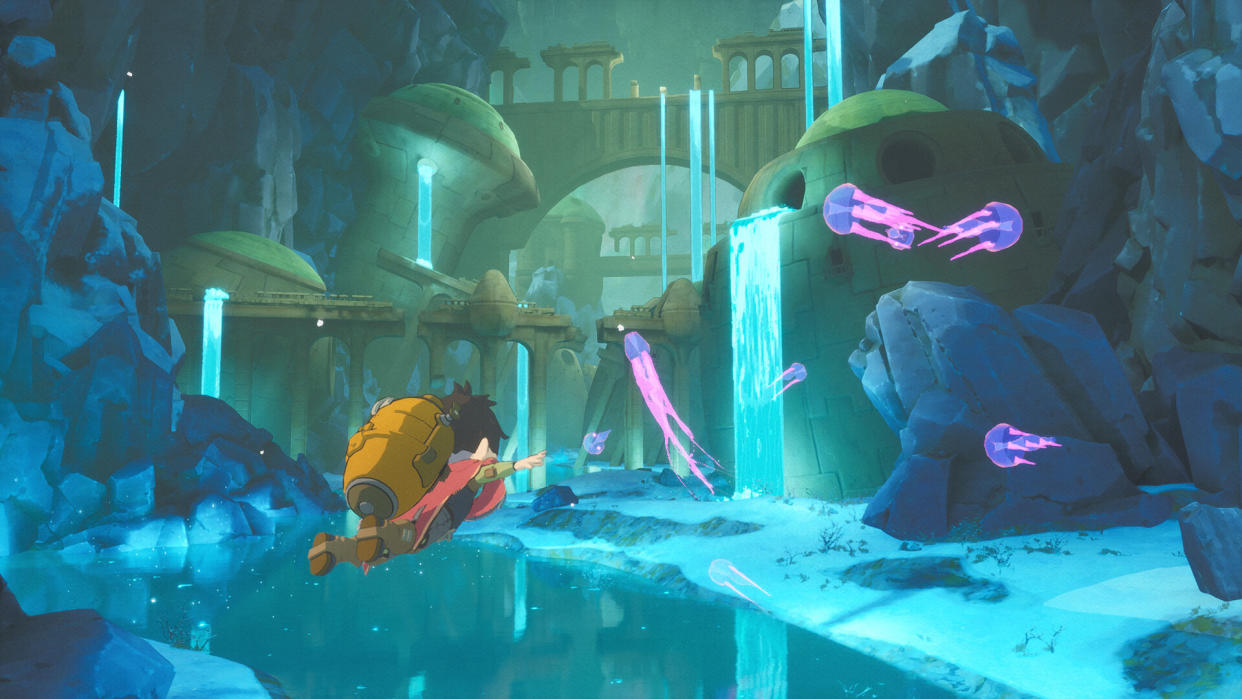  Europa screenshot - Z flying over an underground stream, near some ruins and neon jellyfish-type creatures. 