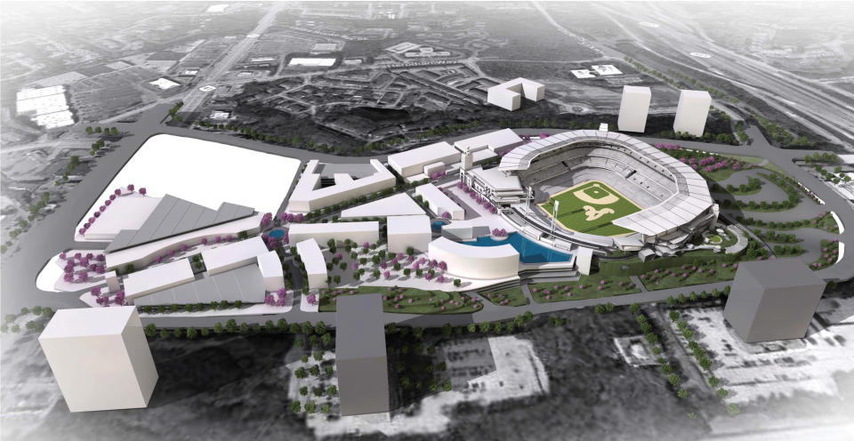 This artist rendering provided by the Atlanta Braves shows the team's proposed new ballpark and mixed-use development design in Cobb County. The Atlanta Braves release renderings of their proposed new stadium in suburban Cobb County, which they say will seat 41,500 and include plenty of revenue-generating amenities around the ballpark. The stadium is scheduled to open in 2017, replacing Turner Field. (AP Photo/Atlanta Braves)