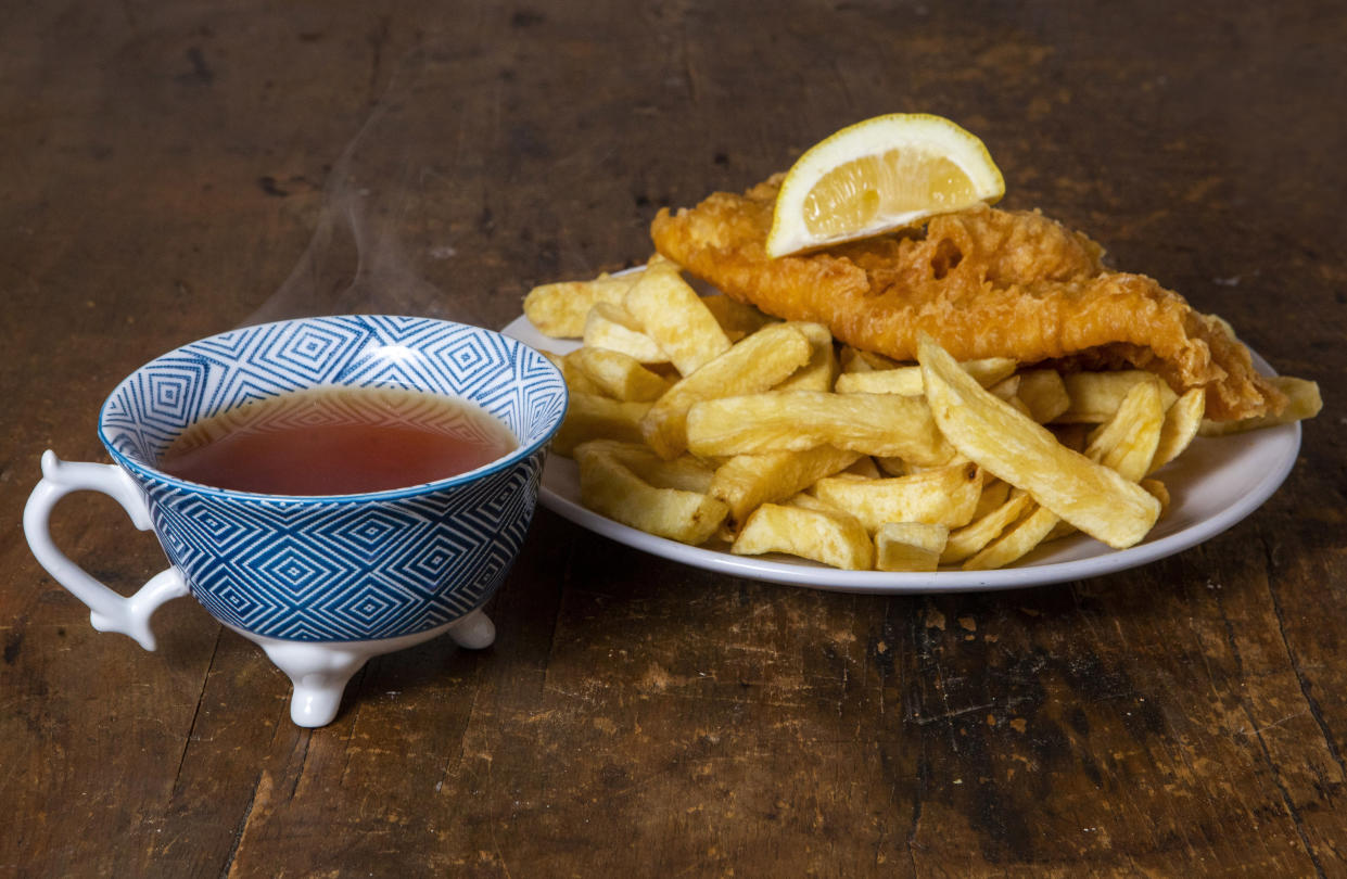 Black tea with Fish and Chips.  If you want to get the best out of your fish and chips you should be pairing it with a cup of black tea, says a leading tea expert.  See SWNS story SWBRtea.  Tea Sommelier Angela Pryce has revealed which tea types go best with some of the nationâ€™s favourite meals â€“ suggesting that English breakfast goes brilliantly with roast beef.  She advised lemon drizzle cake can be harmoniously matched with an Earl Grey as their citrus characters complement one another, while green tea combines well with spicy foods because of its refreshing and cleansing texture.  This comes as a survey of 2,000 tea drinkers delved into tea habits across the UK, finding as many as one in five would have a brew with quintessentially British meals like sausage and mash or a jacket potato â€“ and a third love a cuppa with their fish and chips.  The research, commissioned by Clipper, also discovered Brits' more surprising food pairings, finding one in 10 would drink an Earl Grey with a curry and a quarter would accompany one with a pasty.  For adventurous Brits looking for new tea pairings, Angela went on to say green tea with lemon infusions can add flavour to smoked salmon, while Rooibos is best served with cashew nut or coconut-based food. (SWNS)