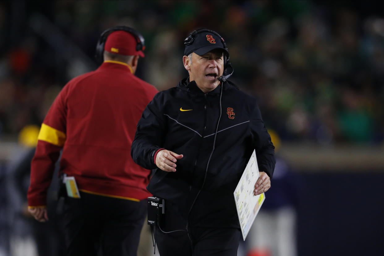 Clancy Pendergast, Southern California defensive coordinator, watches against Notre Dame in the first half of an NCAA college football game in South Bend, Ind., Saturday, Oct. 12, 2019. (AP Photo/Paul Sancya)