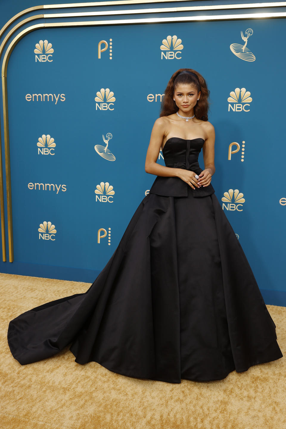 Zendaya in a Valentino gown and Bulgari diamond necklace. - Credit: NBC via Getty Images