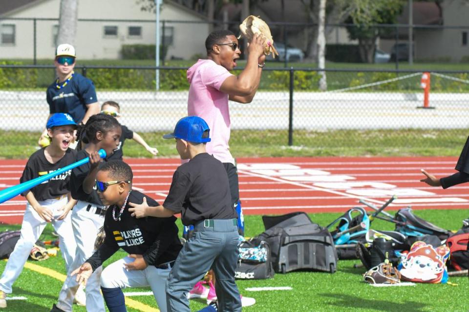 Miami Marlins utility player Xavier Edwards during his sixth-annual baseball skills camp on Saturday, Dec. 23, 2023, at North Broward Preparatory School in Coconut Creek, Florida. Jordan McPherson/jmcpherson@miamiherald.com