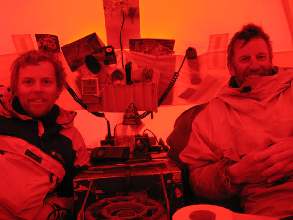 "Scott didn't have a sat phone." Bingham, left, and Griffiths in their tent, living in much the way early explorers did — except for some modern conveniences.