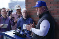 Defensive coordinator Wink Martindale talks to reporters before a practice at the NFL football team's training facility in East Rutherford, N.J., Thursday, May 26, 2022. (AP Photo/Seth Wenig)