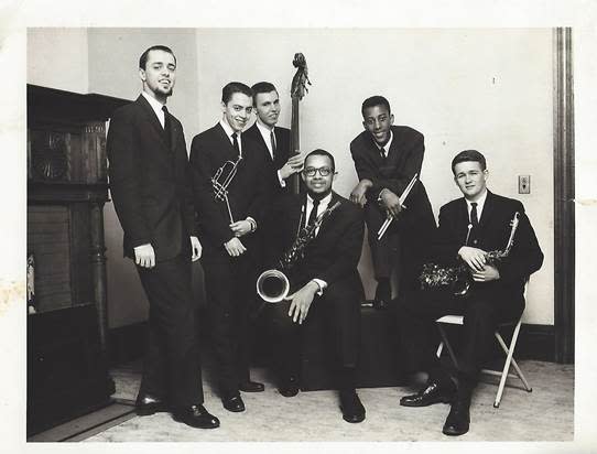 The Pythodd's house band in a back room at the Pythodd. Gap Mangione Sextet, 1960.  Gap Mangione (piano), Chuck Mangione (trumpet), Dick Sampson (bass), Warren Greenlea (sax), Roy McCurdy (drums) and Larry Combs (sax).