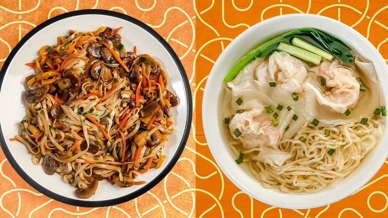 Bowl of lo mein beside a bowl of huntun mian