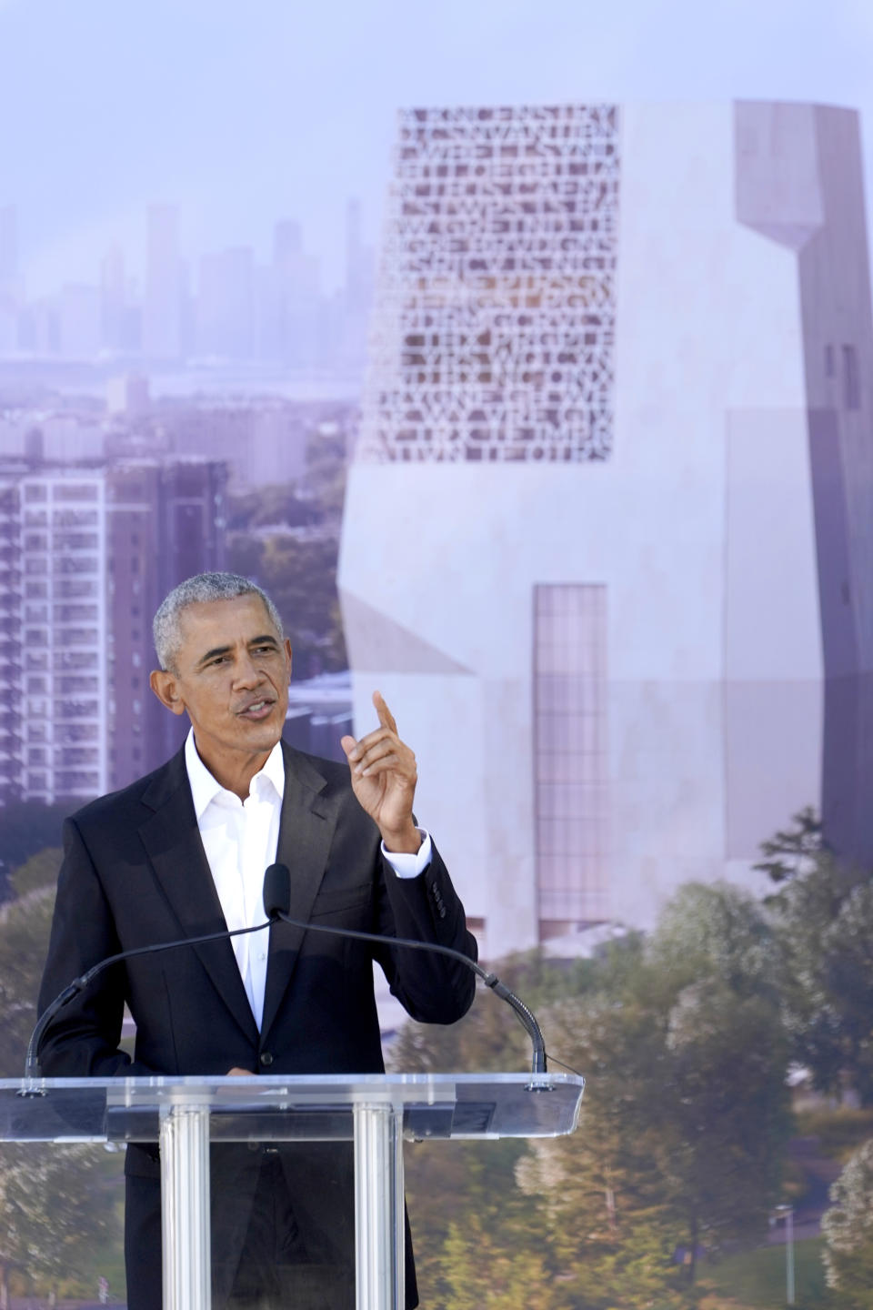 Former President Barack Obama speaks during a groundbreaking ceremony for the Obama Presidential Center Tuesday, Sept. 28, 2021, in Chicago. (AP Photo/Charles Rex Arbogast)