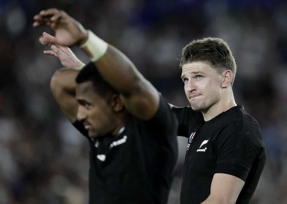 New Zealand's Beauden Barrett waves after the Rugby World Cup semifinal at International Yokohama Stadium between New Zealand and England in Yokohama, Japan, Saturday, Oct. 26, 2019. (AP Photo/Mark Baker)