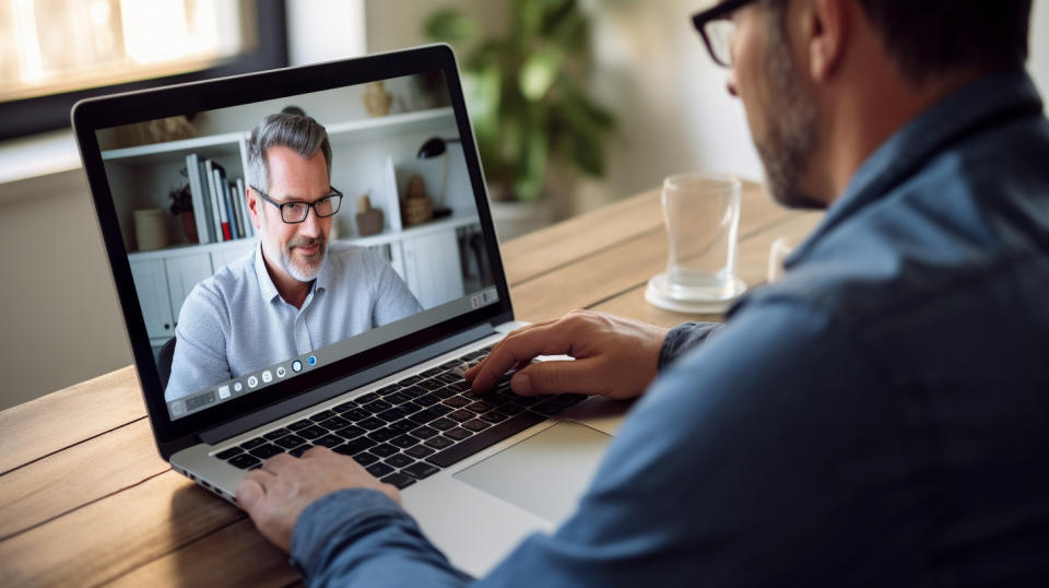 An adult learner receiving feedback from a tutor via video-conferencing.