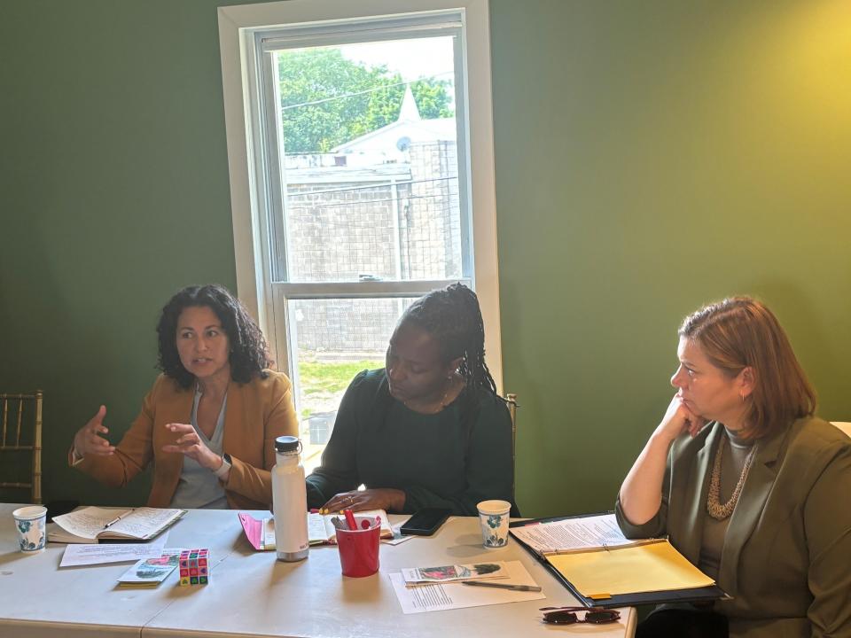 Xochitl Torres Small (L), Deputy Secretary of the USDA, Patrice Brown (C), Eastern Market Food Access Manager and U.S. Rep. Elissa Slotkin (R), D-Lansing at recent roundtable at Oakland Avenue Urban Farm.