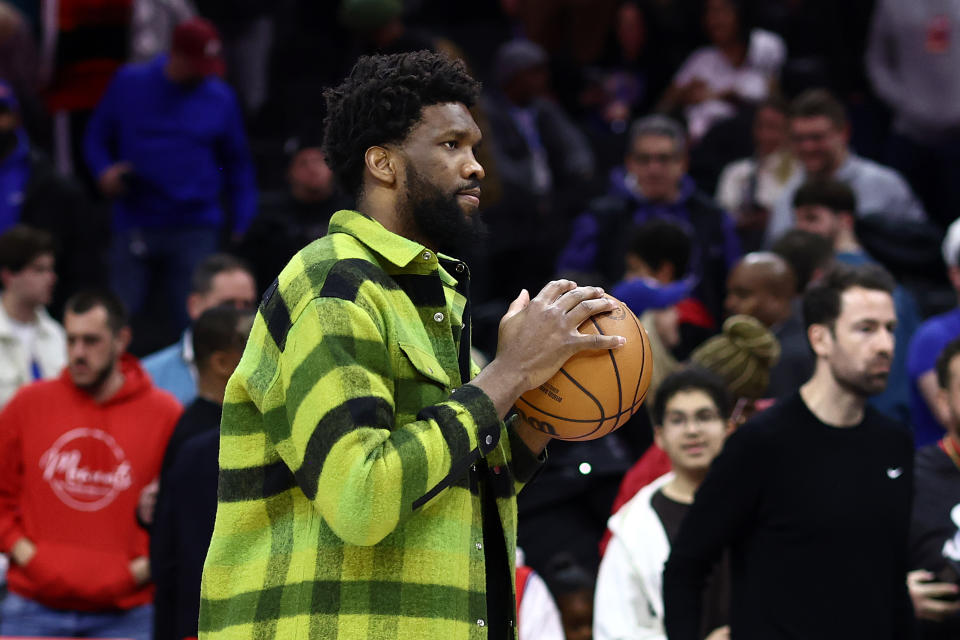 PHILADELPHIA, PENNSYLVANIA - FEBRUARY 05: Joel Embiid #21 of the Philadelphia 76ers looks on after a game against the Dallas Mavericks at the Wells Fargo Center on February 05, 2024 in Philadelphia, Pennsylvania. NOTE TO USER: User expressly acknowledges and agrees that, by downloading and or using this photograph, User is consenting to the terms and conditions of the Getty Images License Agreement. (Photo by Tim Nwachukwu/Getty Images)