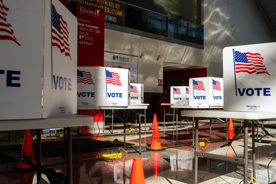 Empty voting boots sit at the KFC YUM! Center on October 13, 2020, in Louisville, Kentucky. (Photo: Jon Cherry via Getty Images)