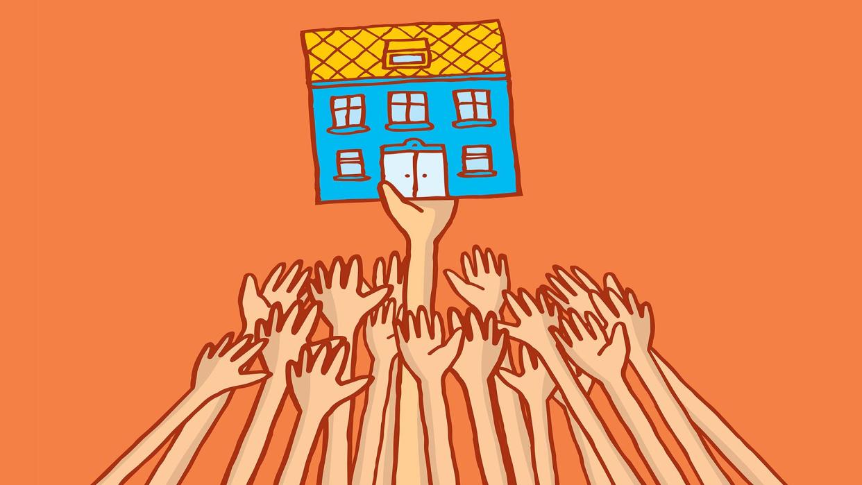 many hands reaching for a house