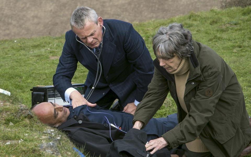 True Lies star Art Malik is attended by Martin Clunes on Doc Marin. (ITV)