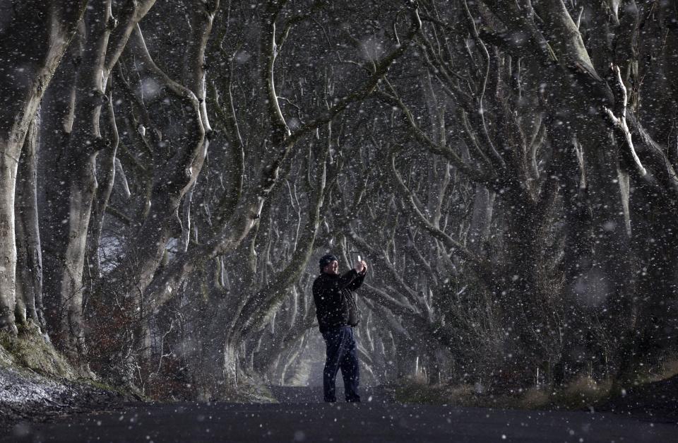 A man takes a picture with his cell phone through heavy snow at the <a href="http://www.huffingtonpost.com/2014/01/27/irelands-dark-hedges-is-t_n_4658504.html">Dark Hedges</a> in Antrim county, Northern Ireland, on Jan. 13. The site was a filming location in the popular TV series "<a href="http://www.huffingtonpost.com/news/game-of-thrones/">Game of Thrones</a>."