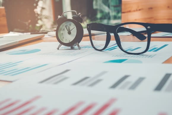 A pair of glasses and an alarm clock sitting on top of papers.