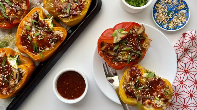 korean stuffed bell peppers with egg and gochujang on plate