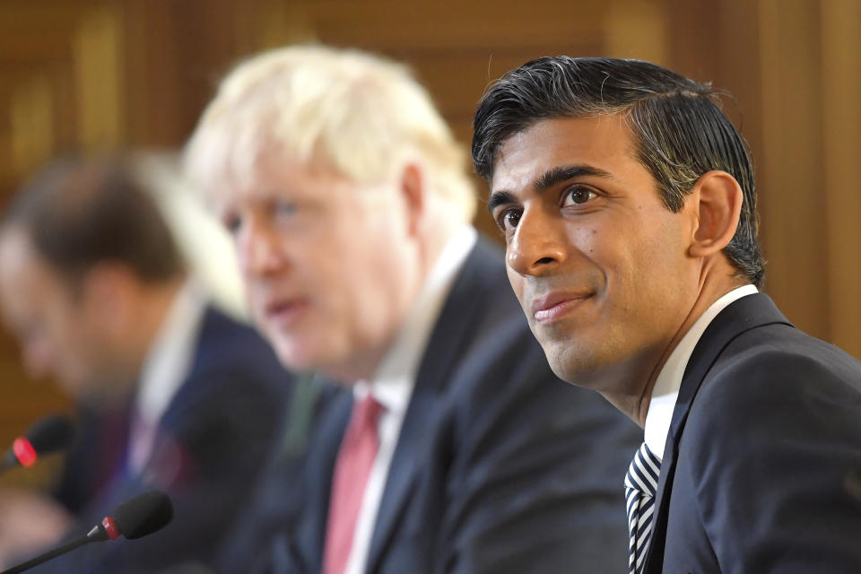 Britain's Chancellor of the Exchequer Rishi Sunak attends a Cabinet meeting of senior government ministers at the Foreign and Commonwealth Office FCO in London, Tuesday Sept. 1, 2020. (Toby Melville/Pool via AP)