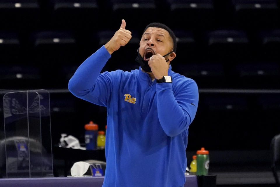 Pittsburgh head coach Jeff Capel talks to his team during the first half of an NCAA college basketball game against Northwestern in Evanston, Ill., Wednesday, Dec. 9, 2020. (AP Photo/Nam Y. Huh)