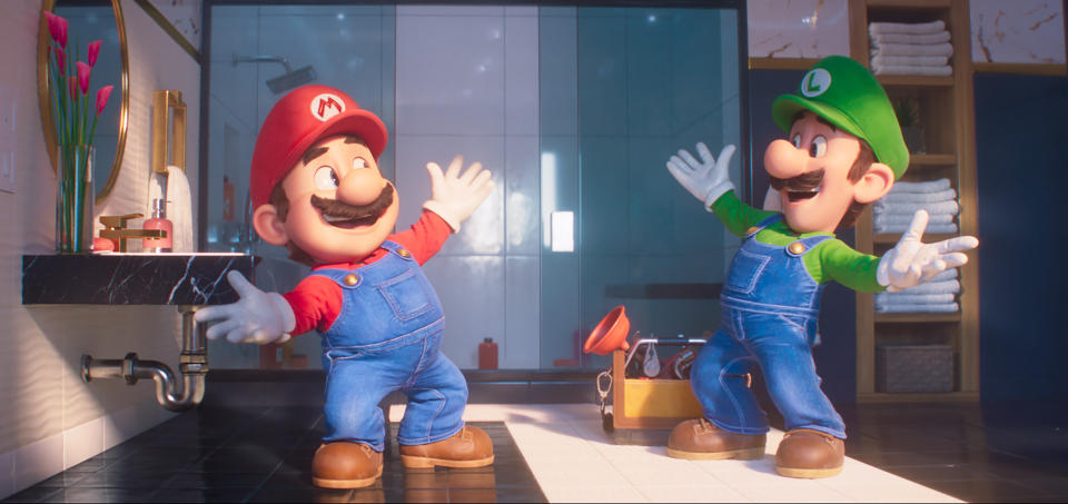 This image released by Nintendo and Universal Studios shows Mario, voiced by Chris Pratt, left, and Luigi, voiced by Charlie Day in Nintendo's "The Super Mario Bros. Movie." (Nintendo and Universal Studios via AP)