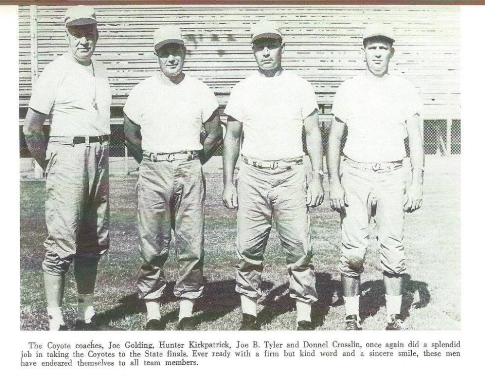 A Wichita Falls High yearbook photo shows the football team's four coaches, including (from left) head coach Joe Golding, Hunter Kirkpatrick, Joe Bob Tyler and Donnell Crosslin. All three assistants would eventually become WFHS head football coaches.