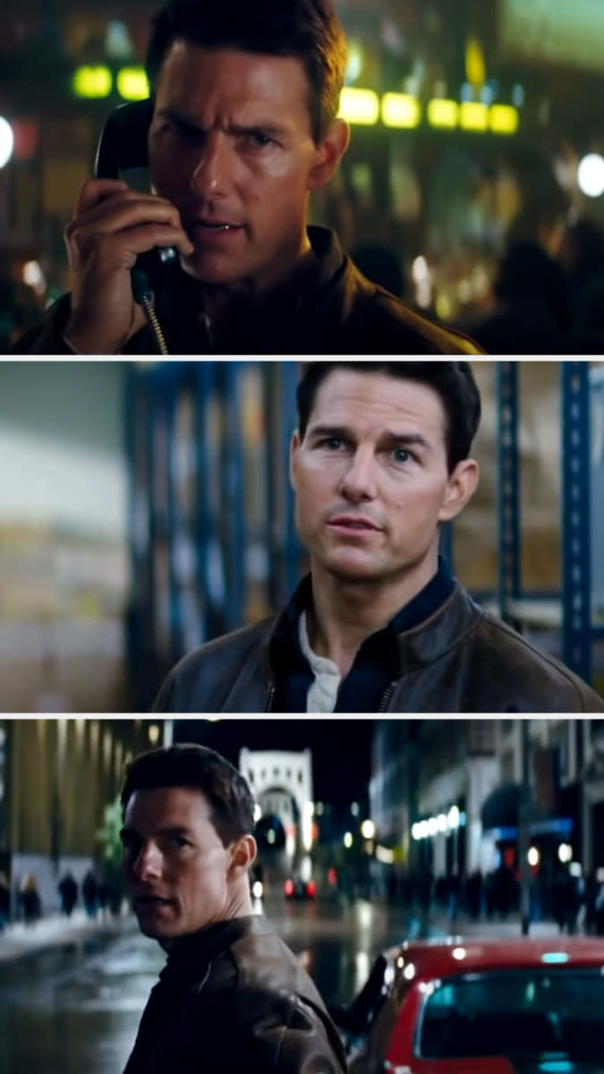 Cruise in three separate stills from "Jack Reacher," with tough expressions on his face while wearing a leather jacket